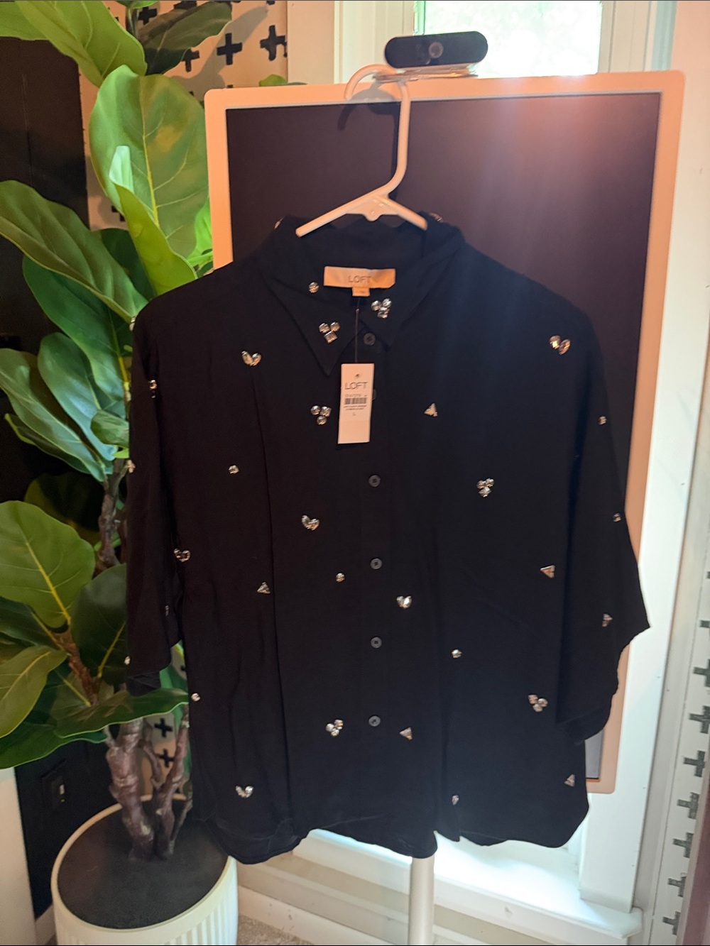 LOFT Black Button-Down Shirt with Jewel Accent Details